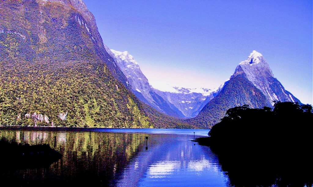 Milford Sound fjord with snow-capped peaks, New Zealand